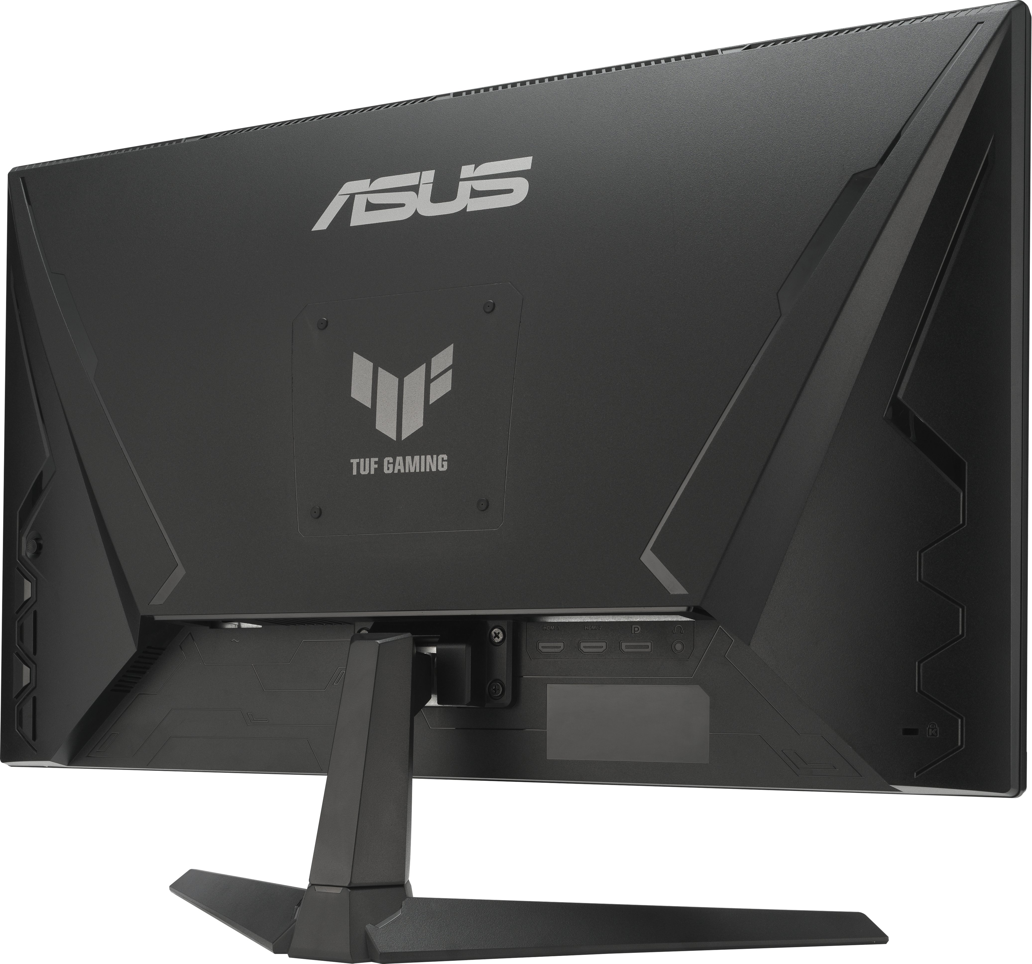 Rückansicht eines schwarzen ASUS TUF Gaming Monitors mit ASUS- und TUF-Logo und Anschlüssen.