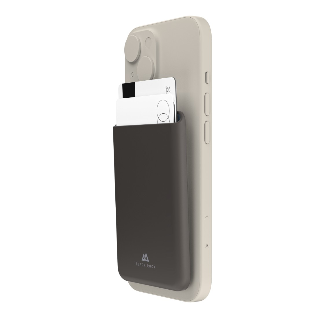 Ein Smartphone mit einem schwarzen Kartenhalter, der zwei Karten hält.