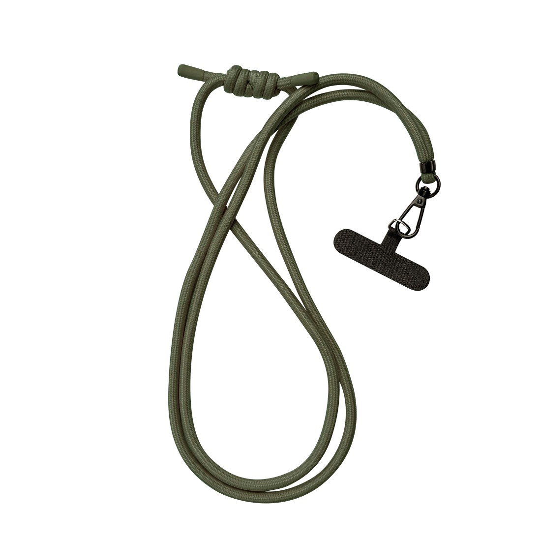 Olivgrünes Telefon-Lanyard mit schwarzem Clip und Telefonhalter.