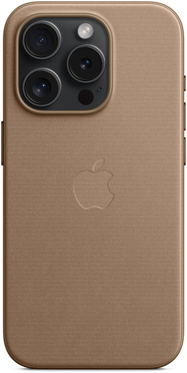 Skórzane etui na iPhone'a. Brązowy kolor. Wytłoczone logo Apple z tyłu. Widoczne obiektywy aparatu.