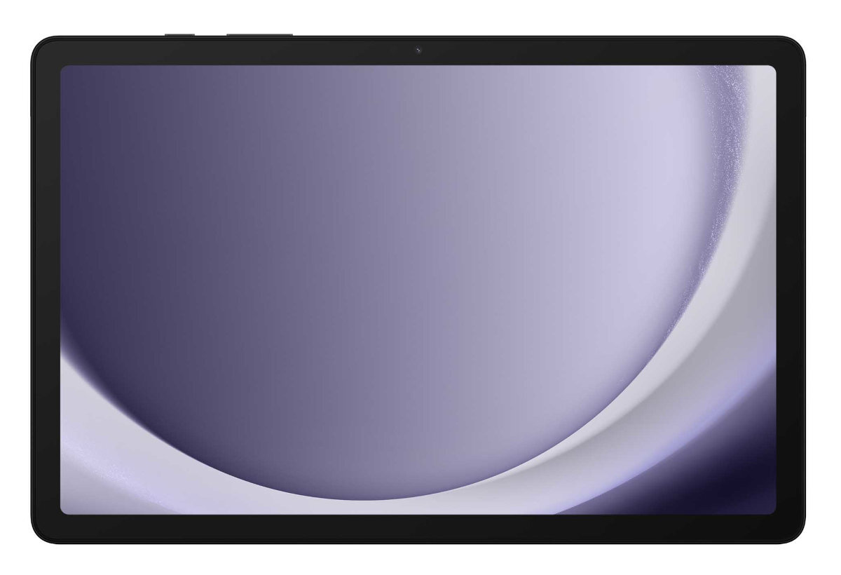 Czarny tablet z fioletowo-białą tapetą gradientową. Ekran jest wyśrodkowany.