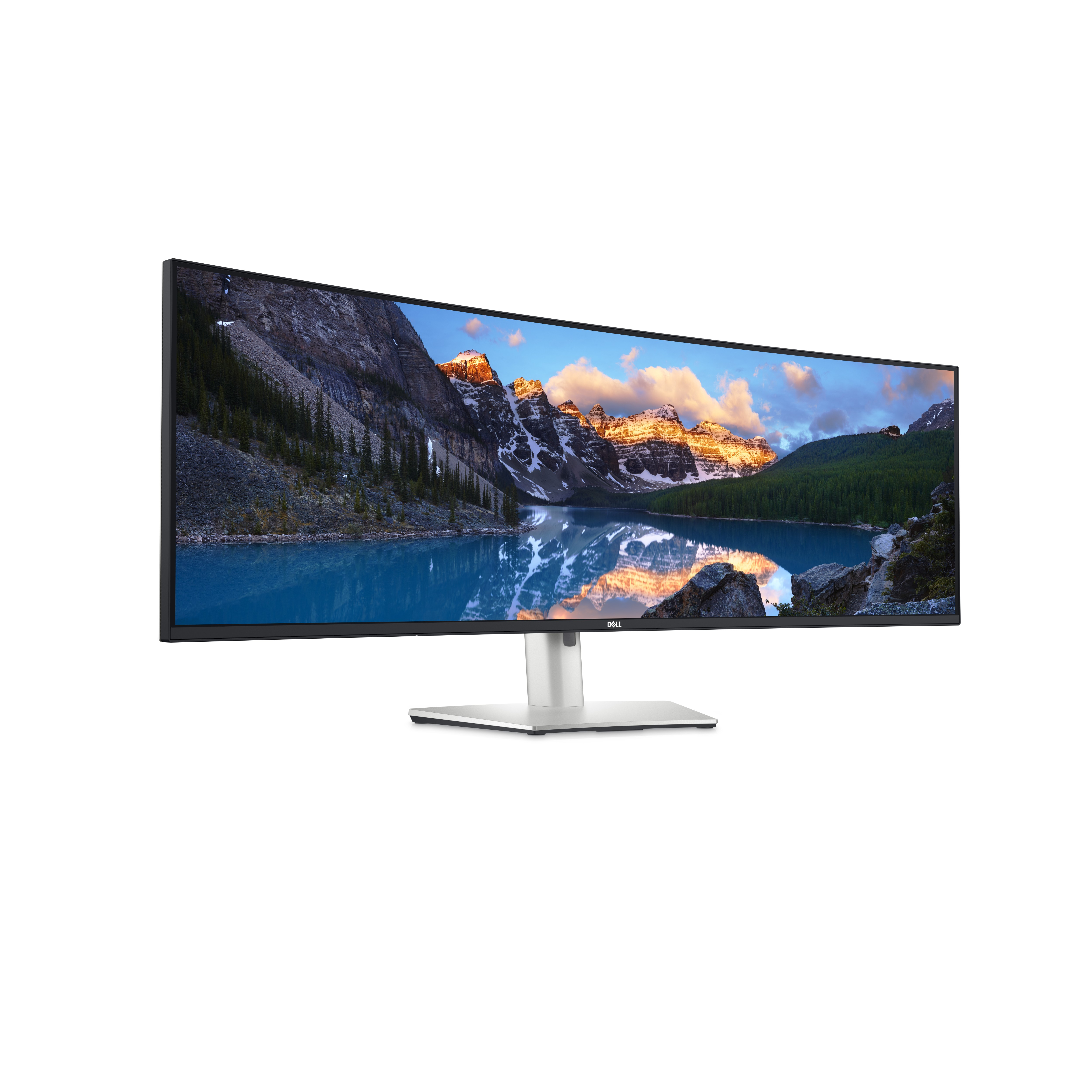 Breiter, gewölbter Dell-Monitor mit Berg- und See-Landschaft auf dem Bildschirm.