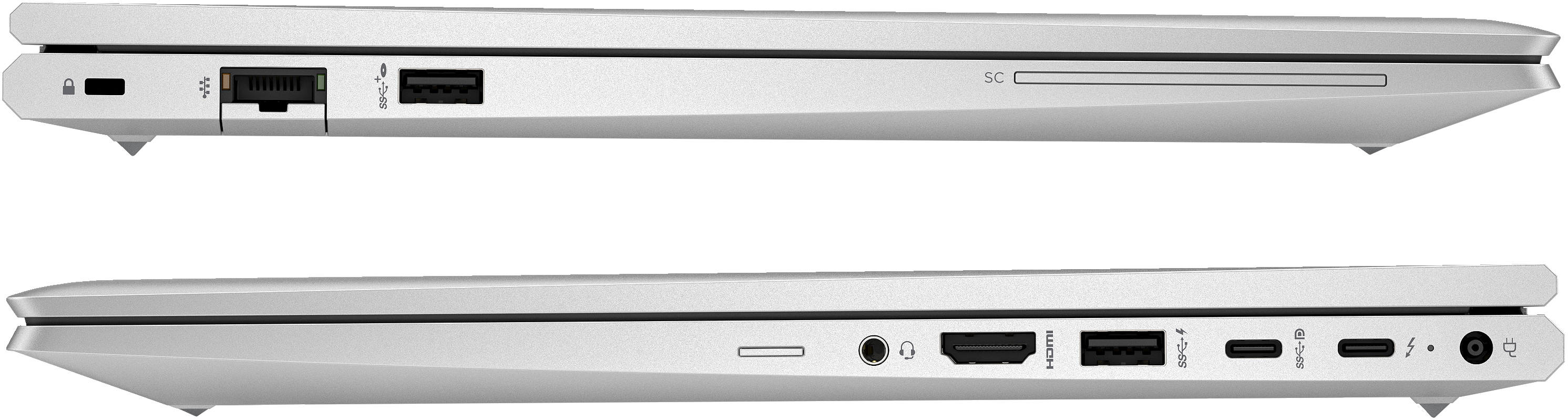 Zwei Seiten eines silbernen Laptops, die Anschlüsse und den Rand des Laptops zeigen, auf weißem Grund.