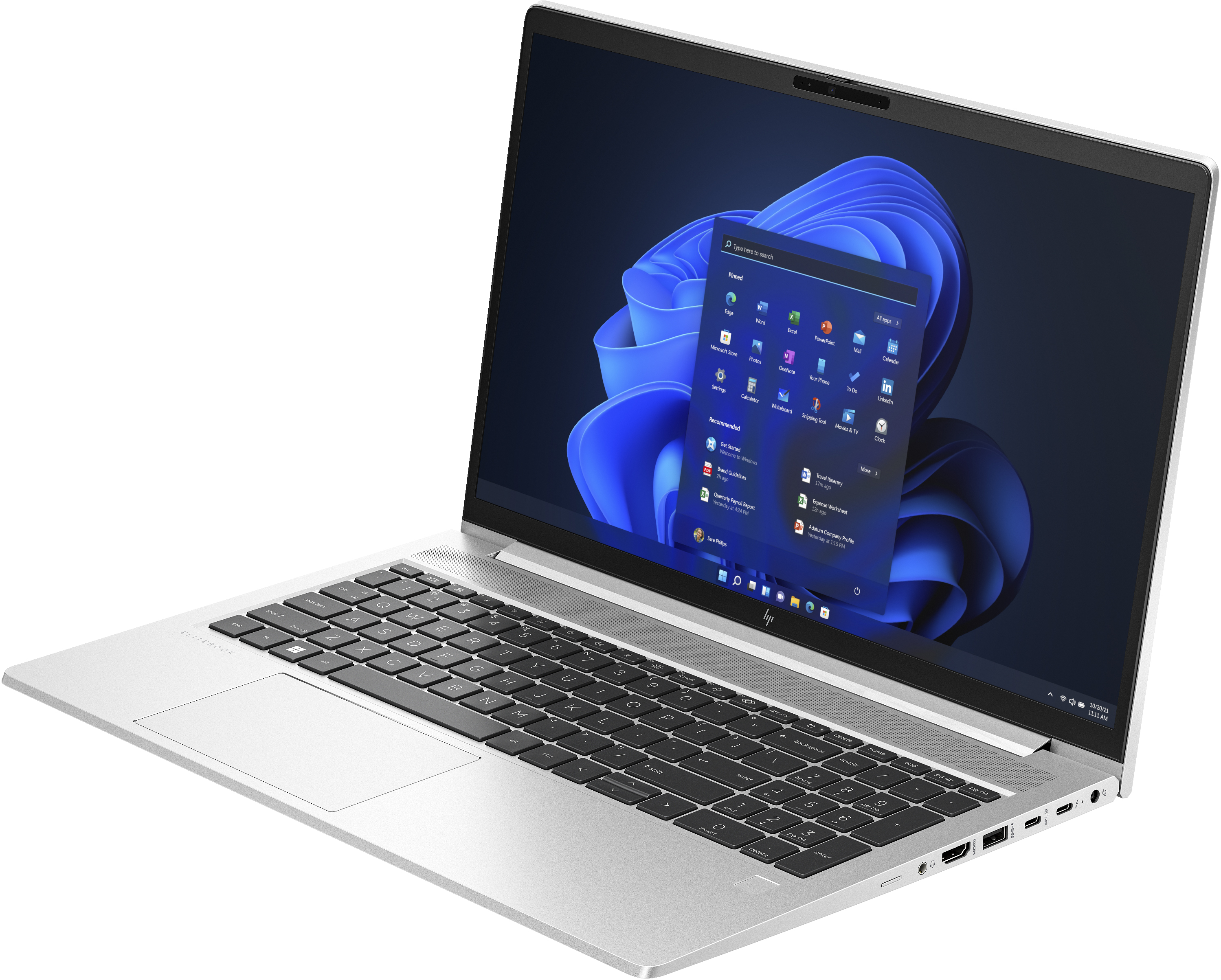 Silberner HP-Laptop, geöffnet, mit einem Windows 11-Bildschirm.