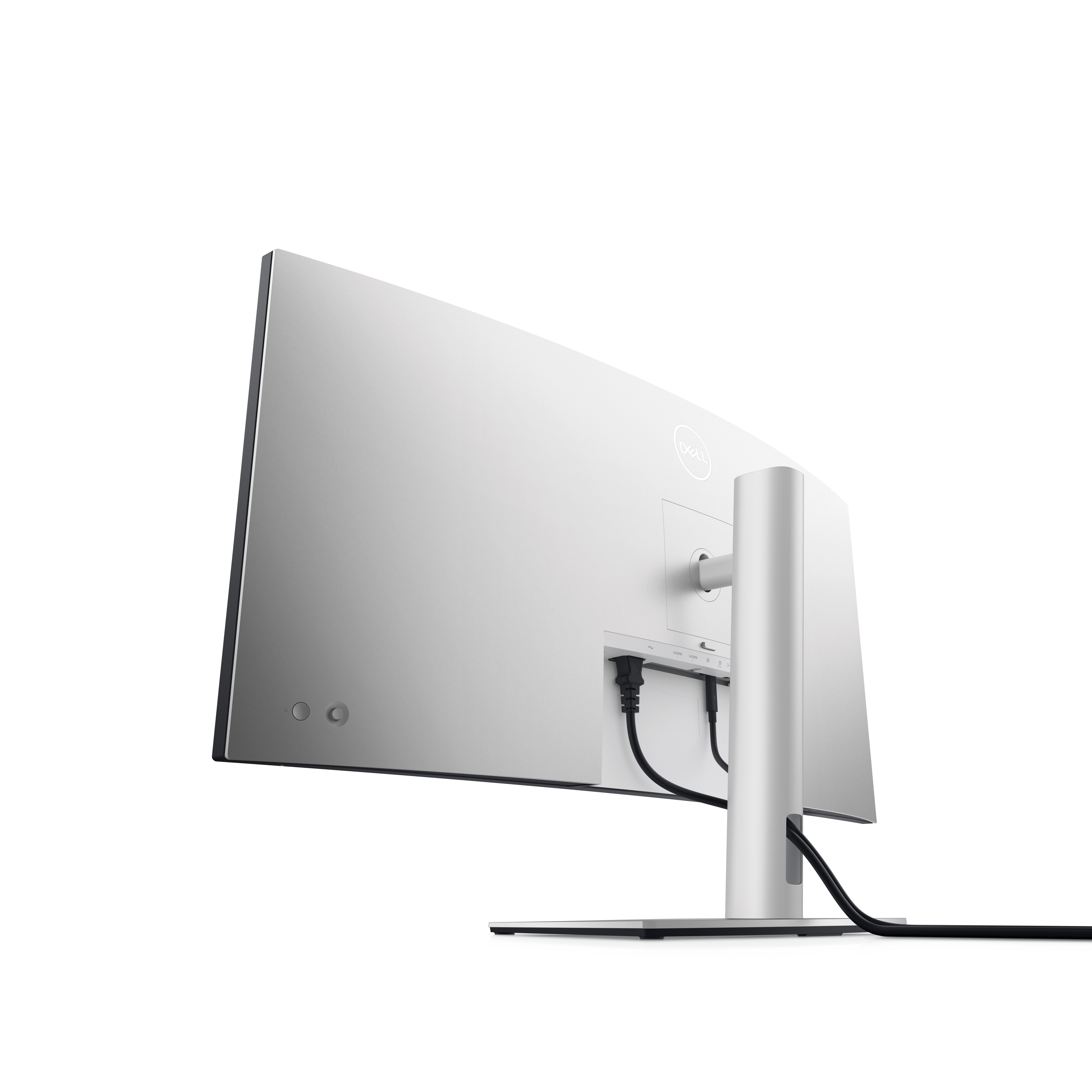 Die Rückseite eines weißen Dell-Monitors mit silbernem Ständer und verschiedenen Anschlüssen. Ein schwarzes Kabel ist angeschlossen.