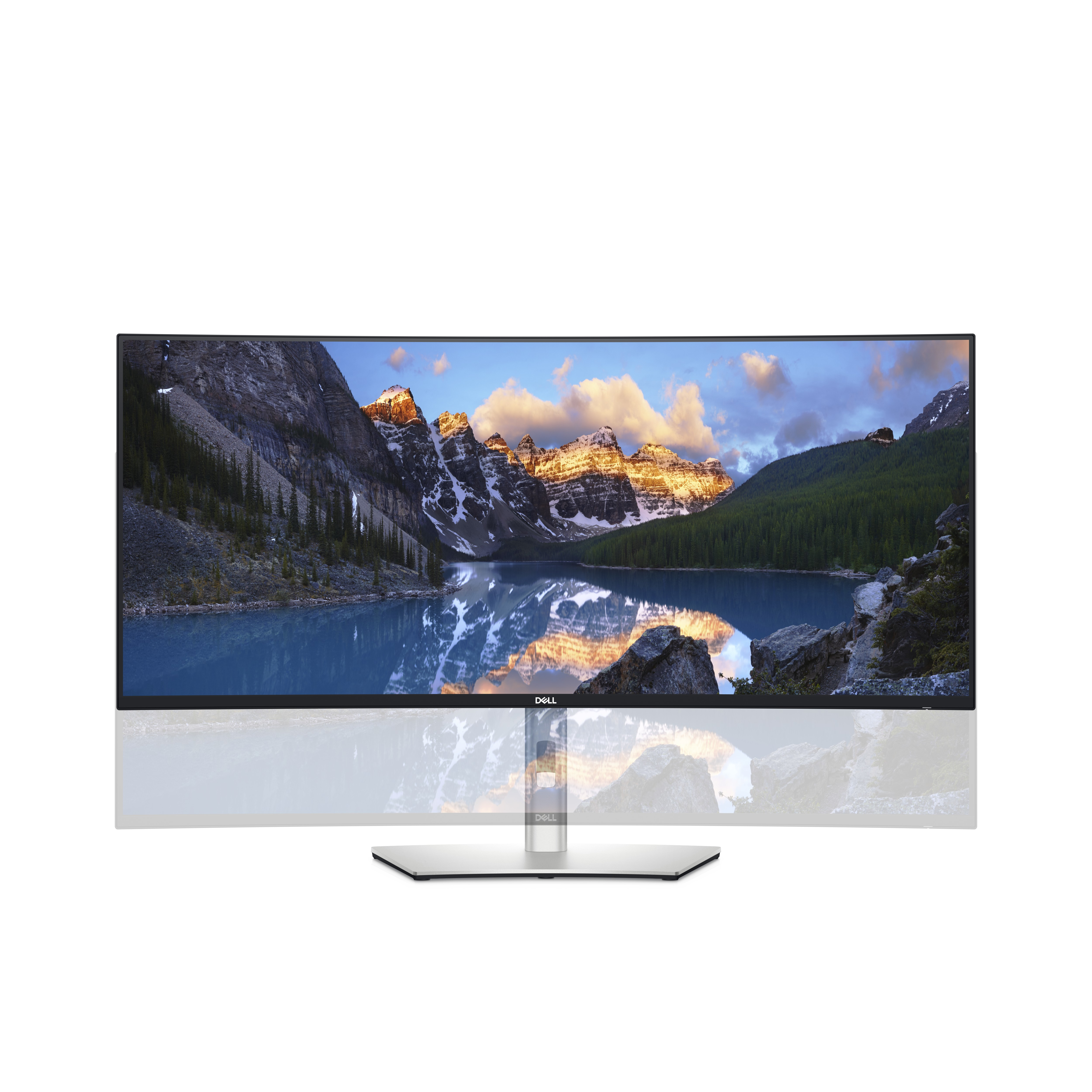 Gebogener Monitor mit Berglandschaft und See, der den Himmel reflektiert.
