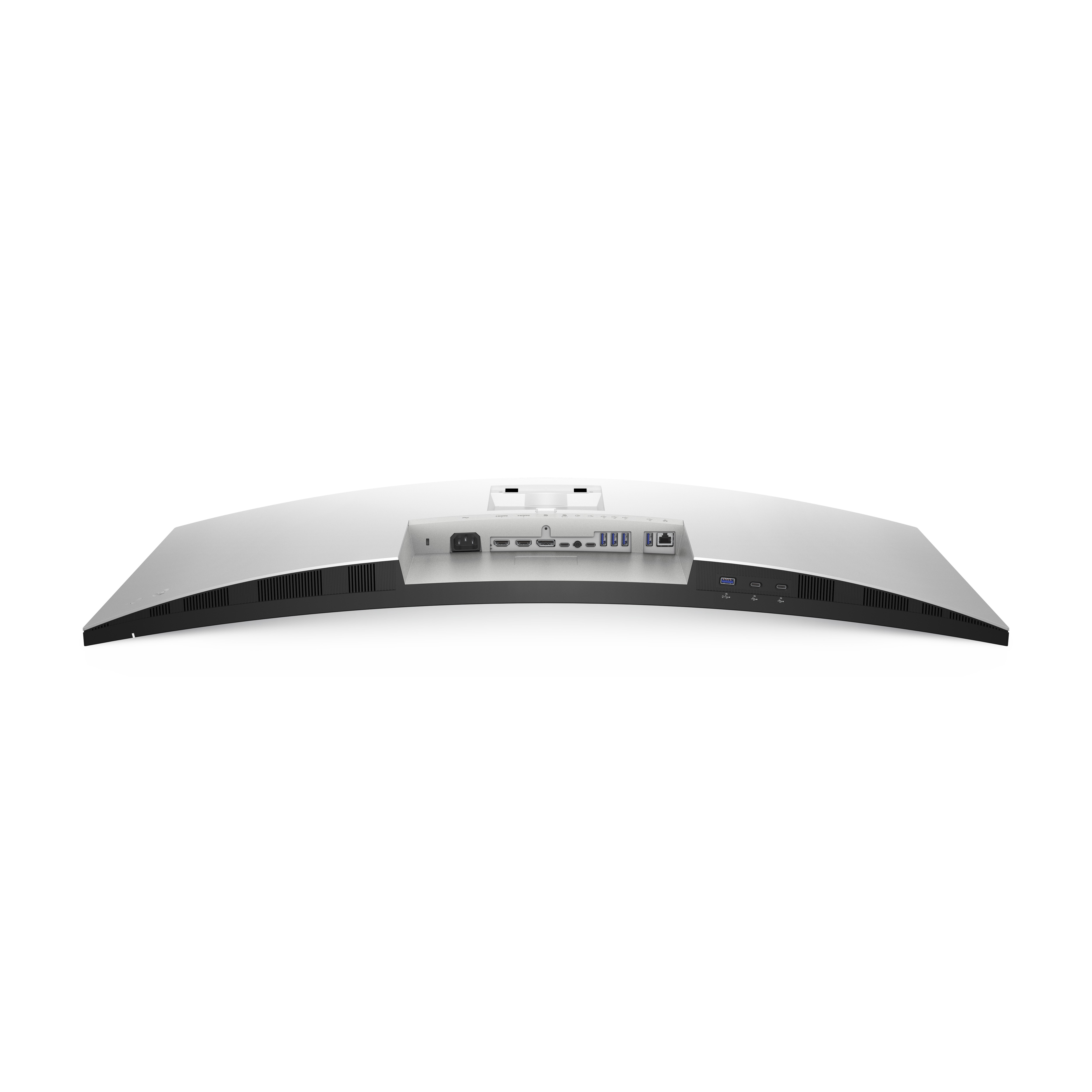 Gebogener Computermonitor mit Anschlüssen auf der Rückseite.