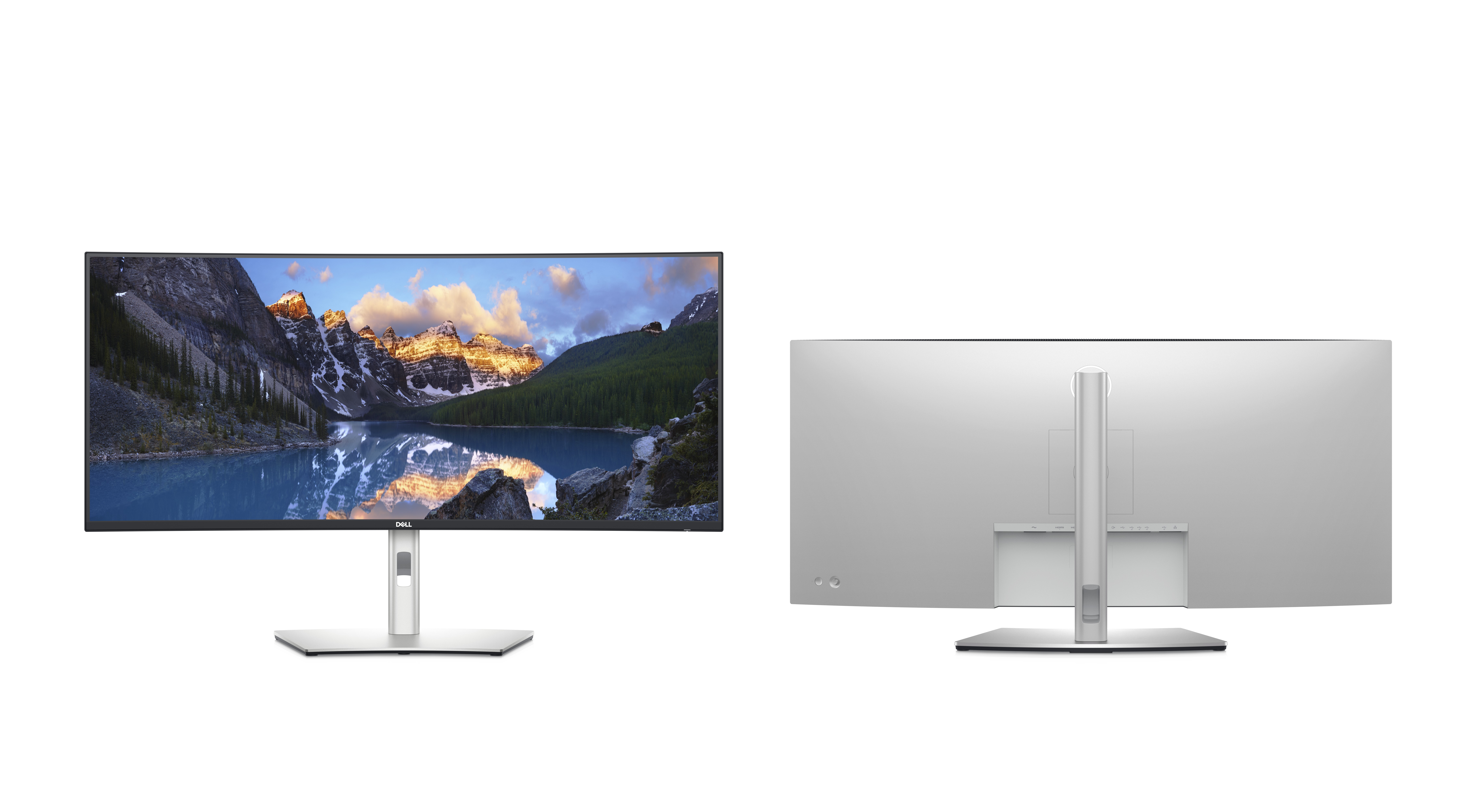 Zwei Ansichten eines silbernen, gebogenen Monitors, Vorder- und Rückseite, auf weißem Hintergrund.