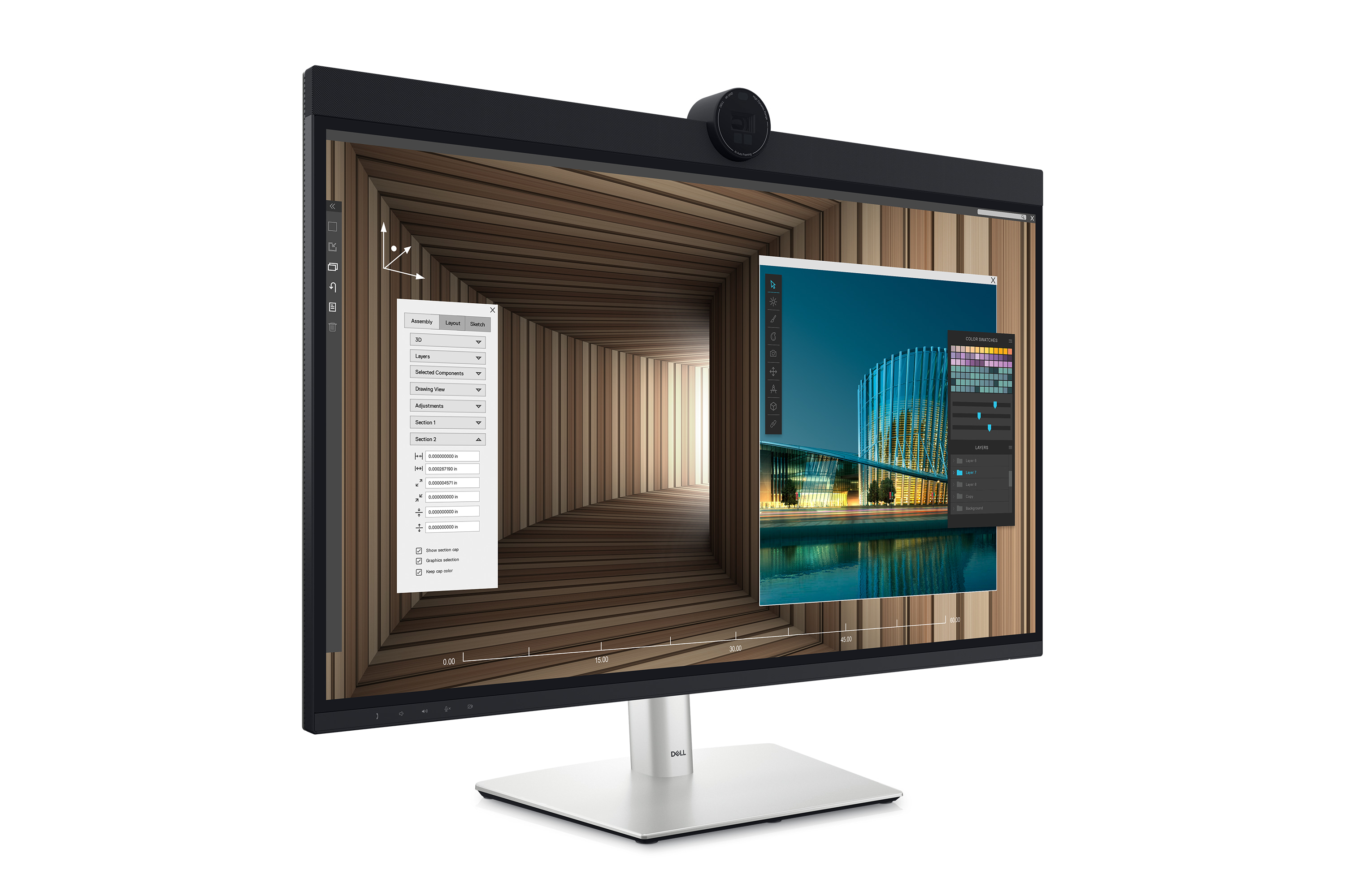Ein Computermonitor, der ein digitales Bild und Fenster anzeigt. Weißer Hintergrund.