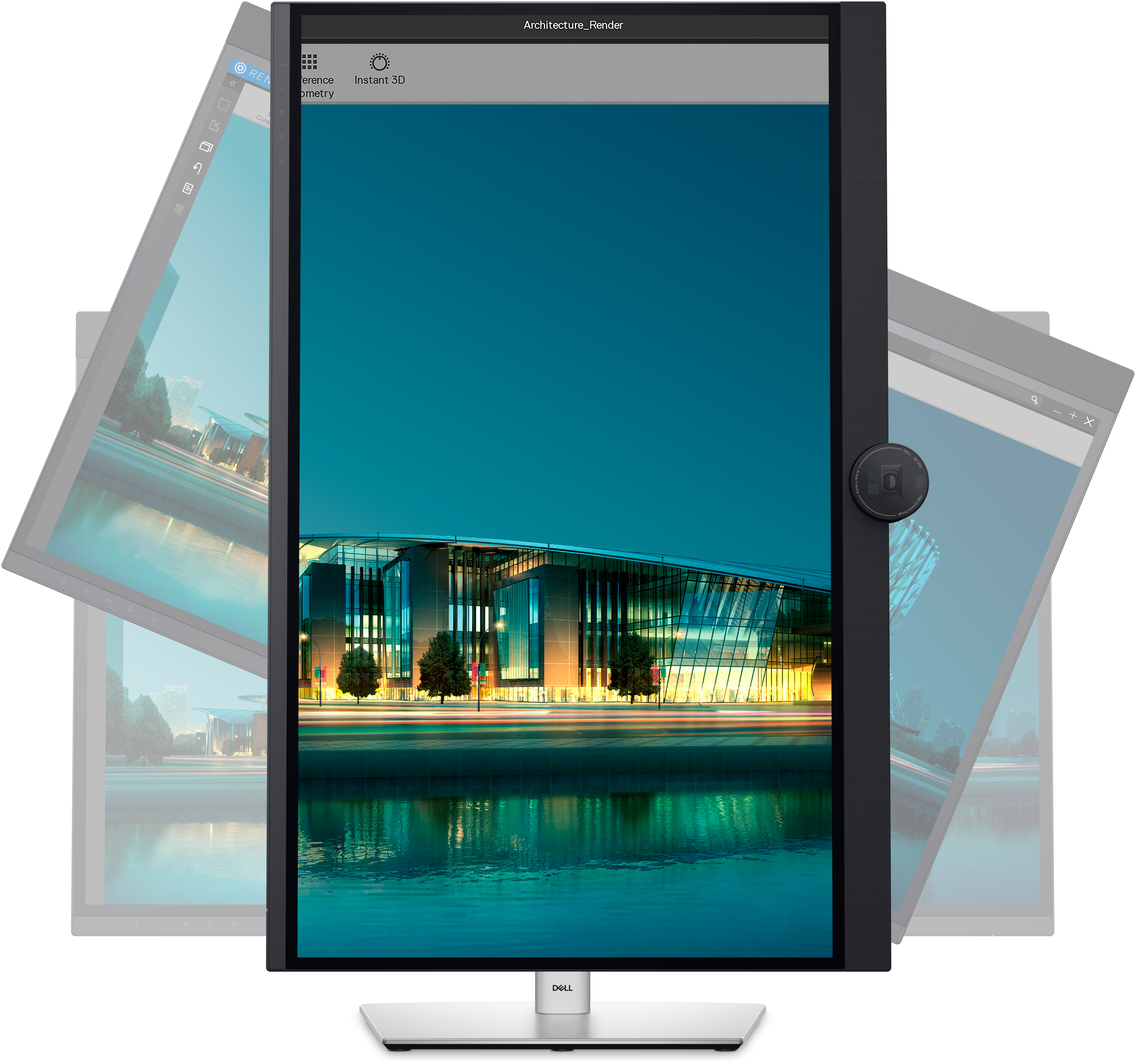 Dell Monitor, zeigt digitales Design, mit zwei weiteren Monitoren an den Seiten.