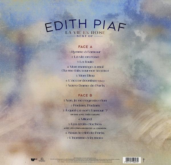 Edith Piaf album hátlapja a számok listájával és égszerű dizájnnal.