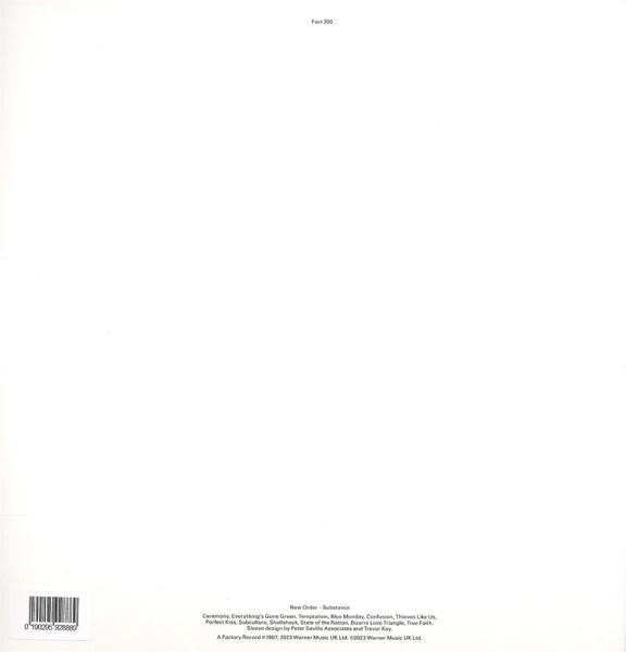 Albumcover: New Order - Substance. Weißer Hintergrund mit schwarzem und grauem Text und Barcode.