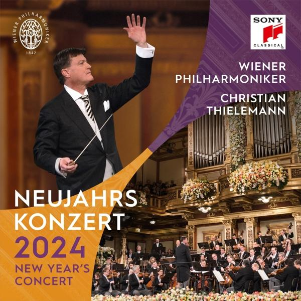 Albumcover für 'Neujahrskonzert 2024' mit einem Dirigenten und einem Orchester.