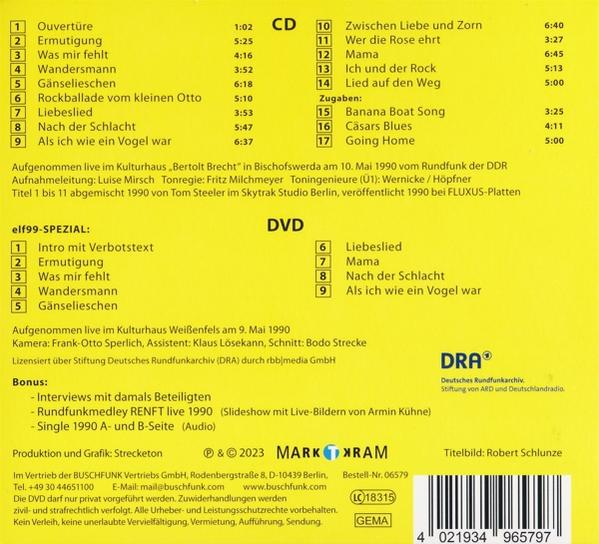 Rückseite einer CD mit Titeln, Credits und einer DVD-Titelliste auf Deutsch.
