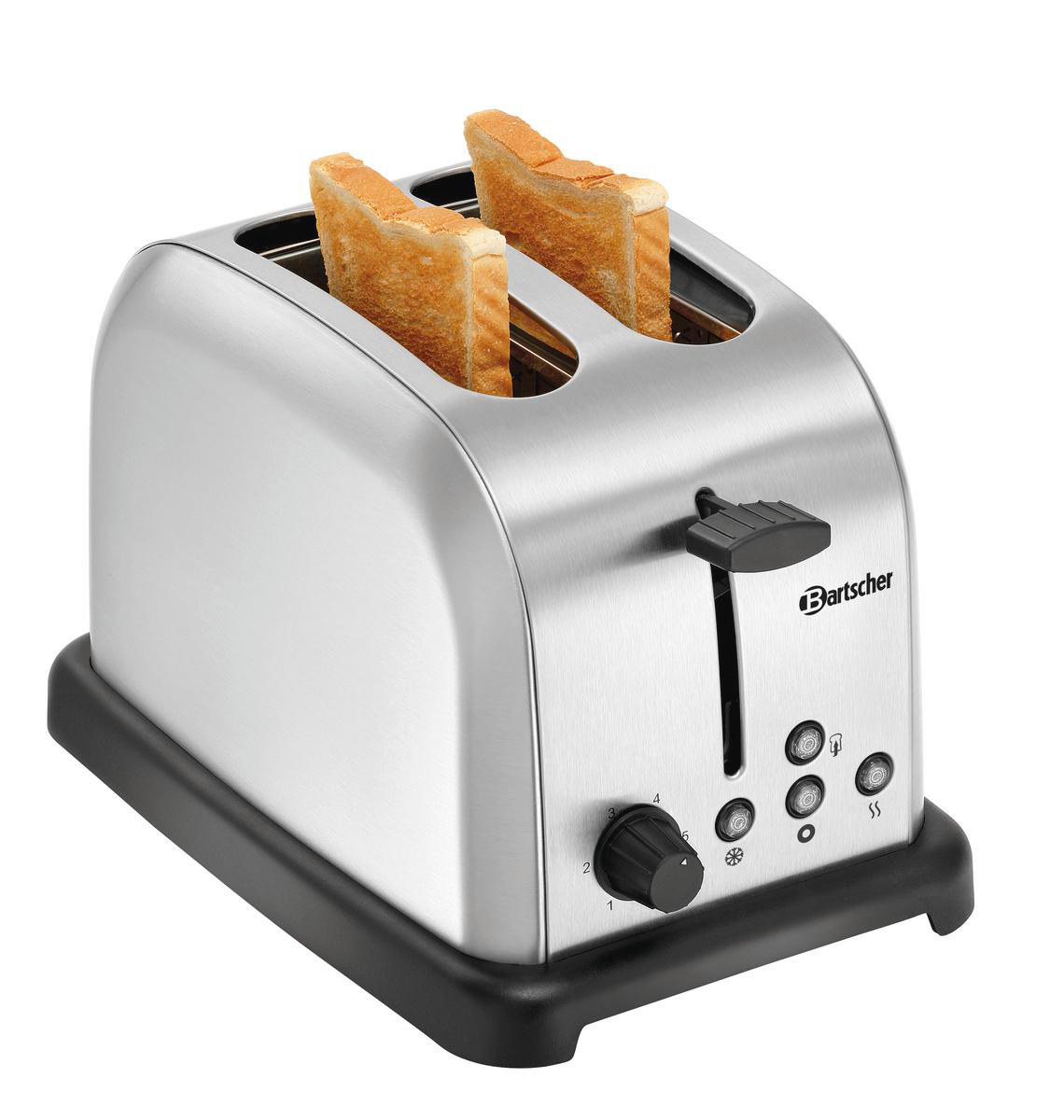 Ein Toaster aus Edelstahl mit zwei Toastscheiben. Der Toaster hat einen schwarzen Sockel und Knöpfe.