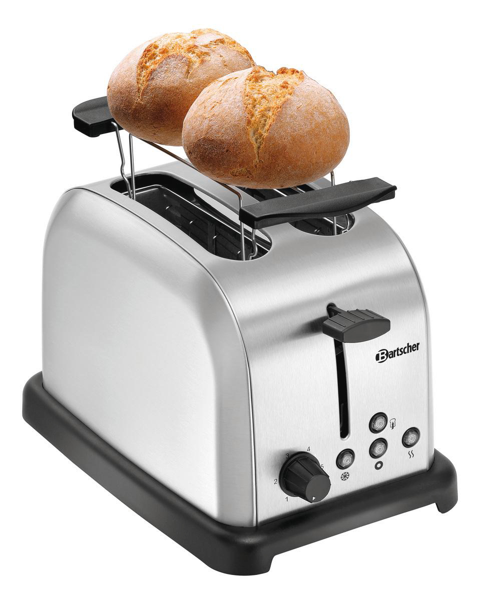 Ein Toaster aus Edelstahl mit zwei gerösteten Brötchen oben. Der Toaster hat eine schwarze Basis und ein Bedienfeld.