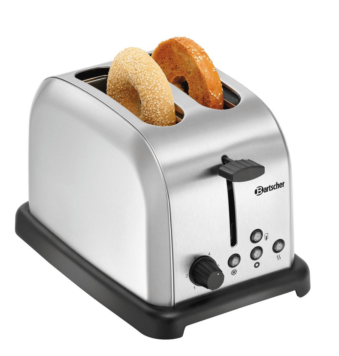 Ein silberner Toaster mit zwei Schlitzen. Ein Sesam-Bagel und eine Scheibe Toastbrot befinden sich in den Schlitzen. Der Toaster steht auf einem schwarzen Sockel.