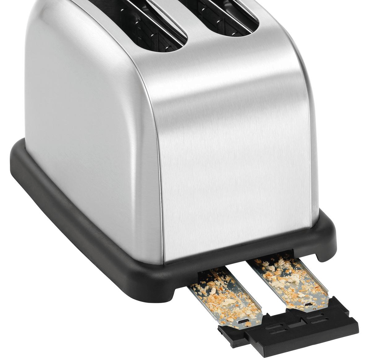 Ein Toaster aus Edelstahl mit zwei Schlitzen. Krümelschubladen sind teilweise herausgezogen und zeigen Brotkrümel. Schwarzer Sockel.