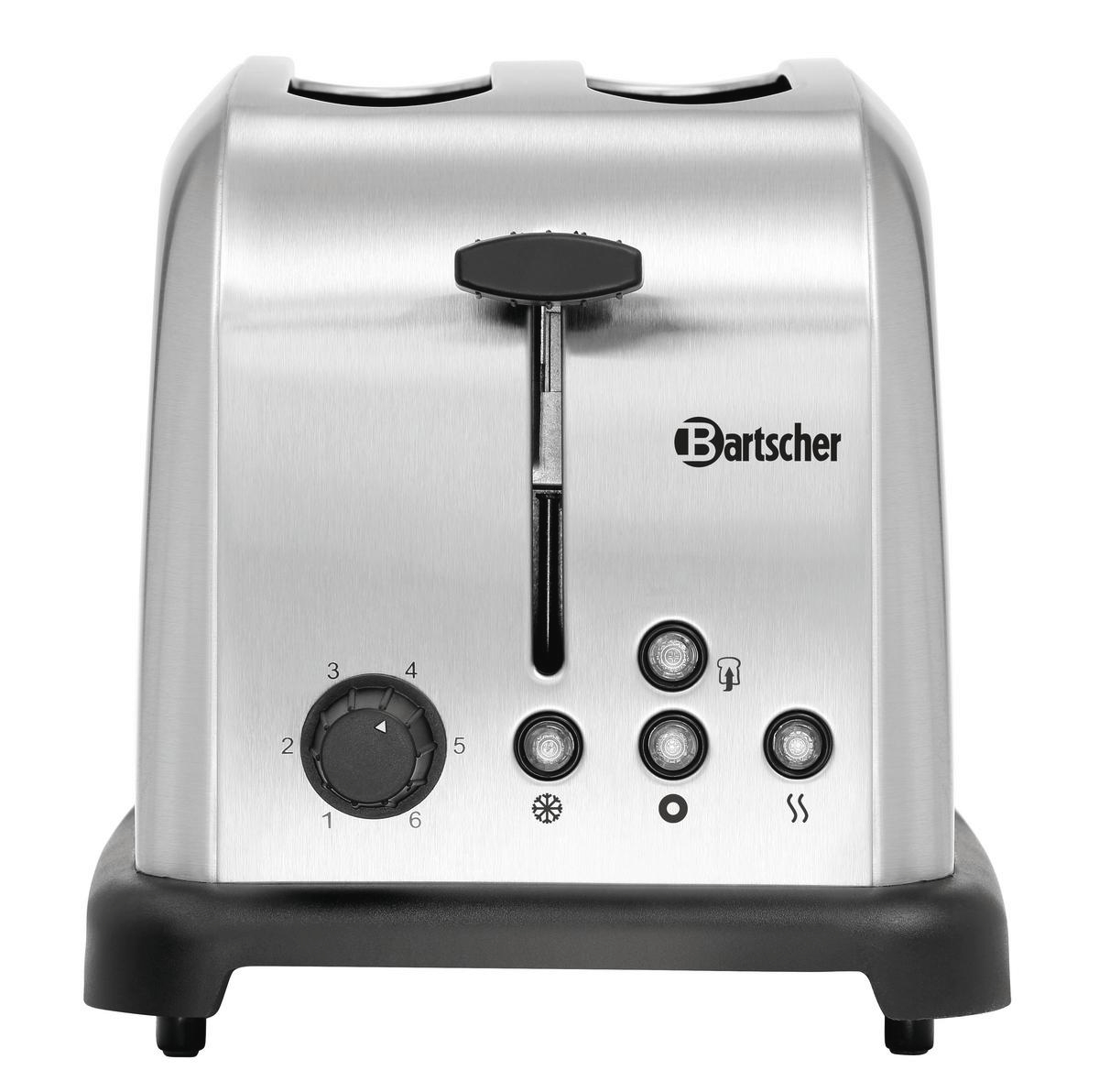 Ein silberner Bartscher-Toaster. Er hat einen schwarzen Hebel, ein Zifferblatt mit den Zahlen 1-6 und Knöpfe. Ein schwarzer Sockel.