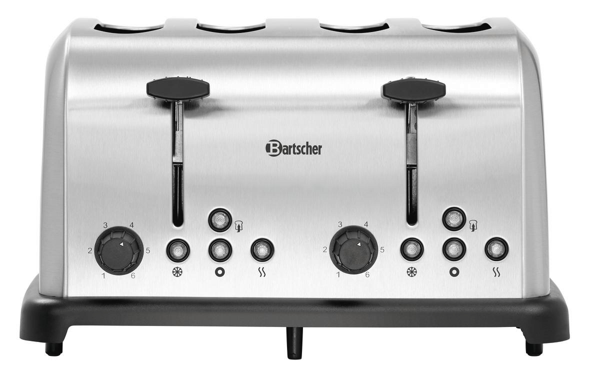 Ein Toaster aus Edelstahl mit zwei Schlitzen, schwarzen Hebeln und Zifferblättern von 1-6. Die Marke ist Bartscher.