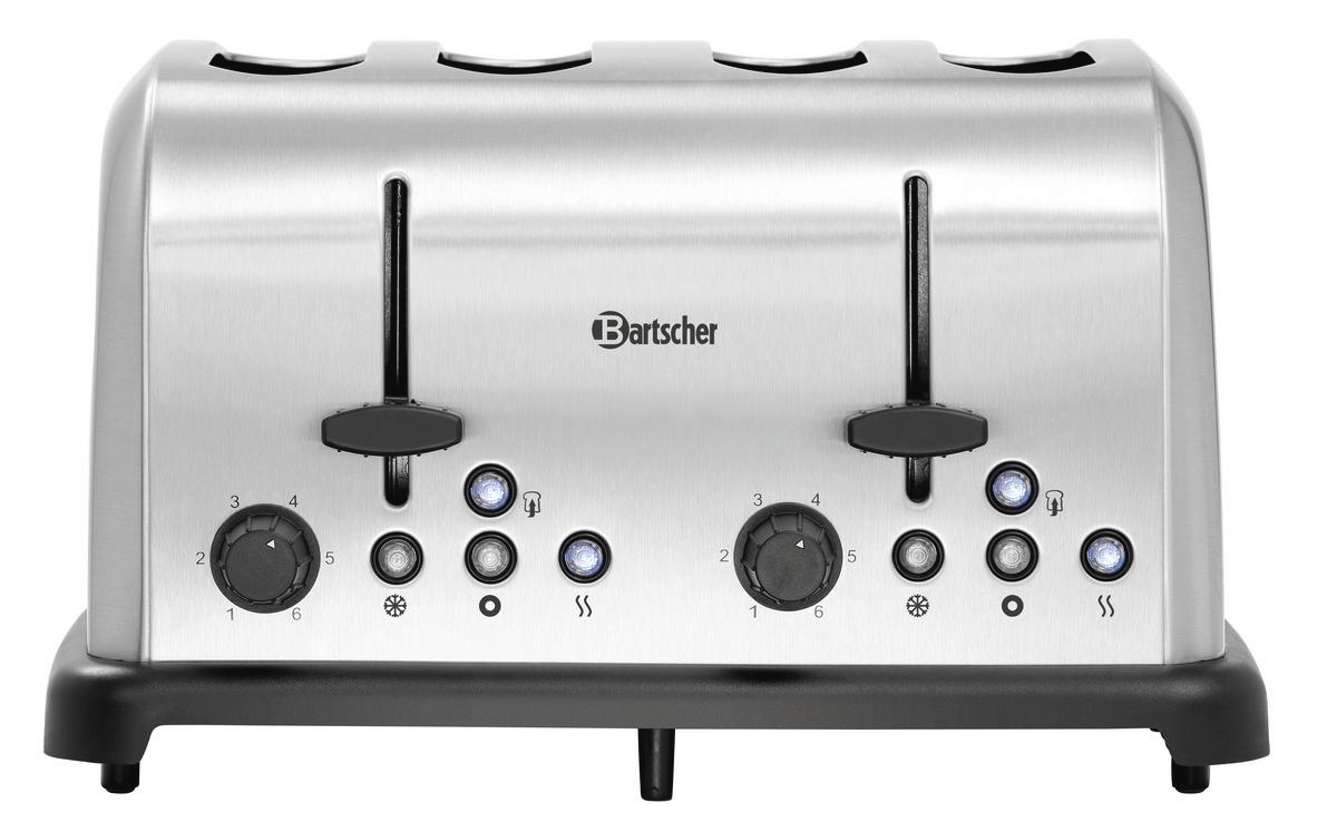 Ein Edelstahl-Toaster mit vier Schlitzen. Er hat zwei Drehregler mit den Zahlen 1-6 und Bedienknöpfe. Die Marke ist Bartscher.
