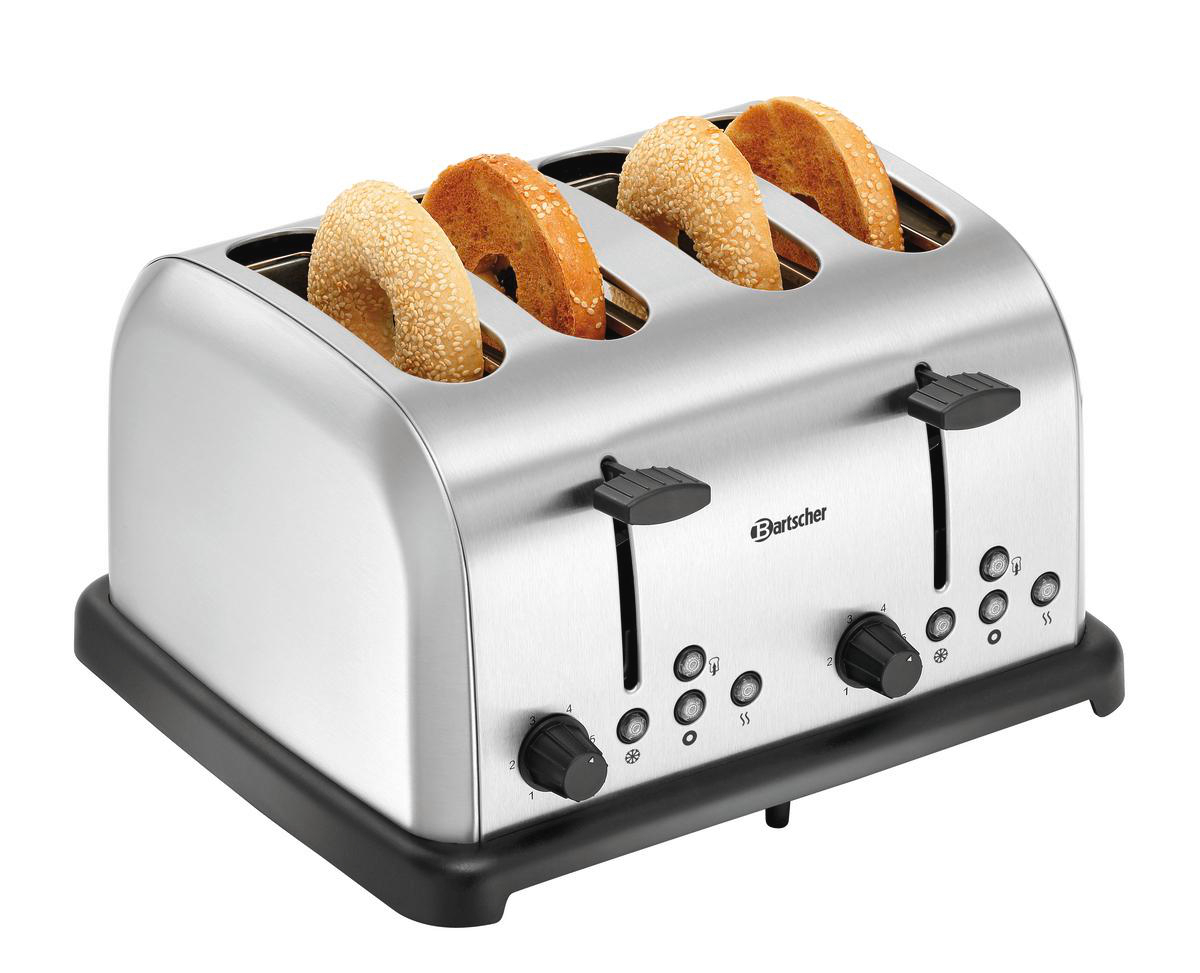 Ein Toaster aus Edelstahl mit vier Schlitzen. Zwei Bagels und zwei Toastscheiben sind darin. Der Markenname 'Bartscher' ist sichtbar.