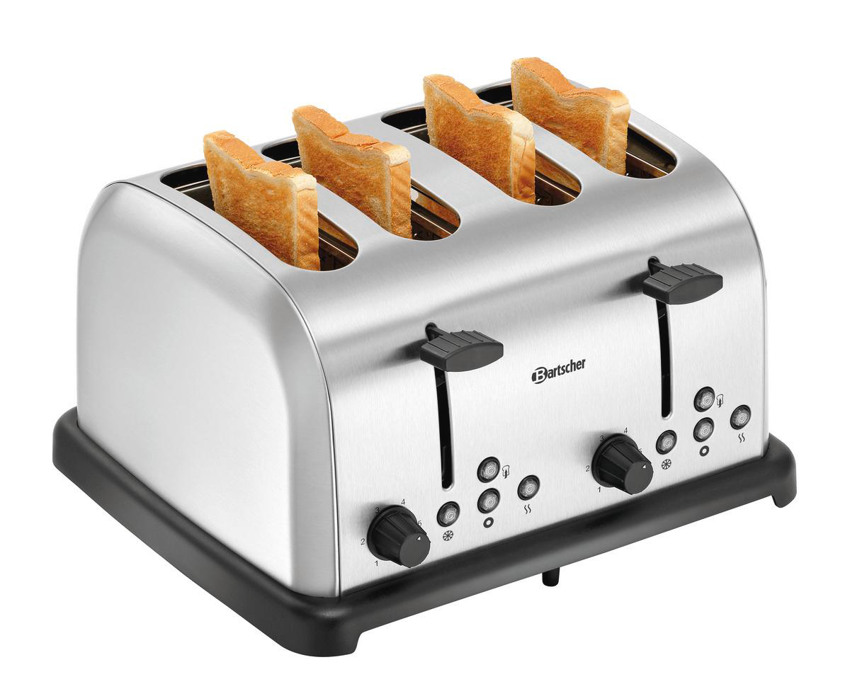 Ein Edelstahl-Toaster mit vier Schlitzen, in denen Toastscheiben stecken. Knöpfe und Tasten sind sichtbar.