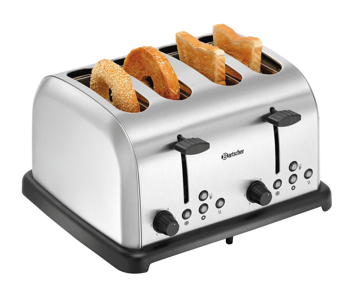 Ein Toaster aus Edelstahl mit vier Schlitzen. Brot und ein Bagel sind darin. Der Toaster hat Knöpfe und ein 'Bartscher'-Logo.