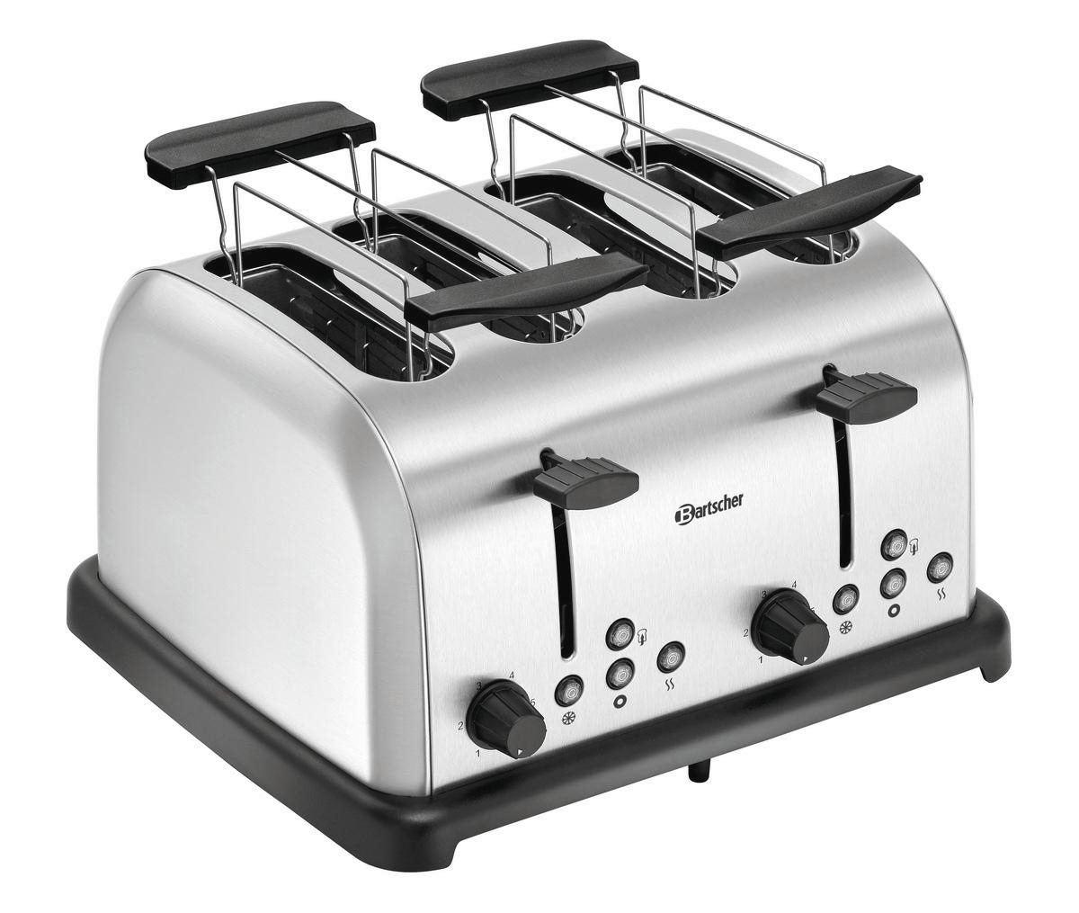 Ein Toaster aus Edelstahl mit vier Schlitzen, schwarzen Hebeln und nummerierten Drehreglern, steht auf einem schwarzen Sockel.