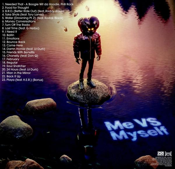 Album-Rückseite mit Trackliste und einer Figur auf einem Felsen.