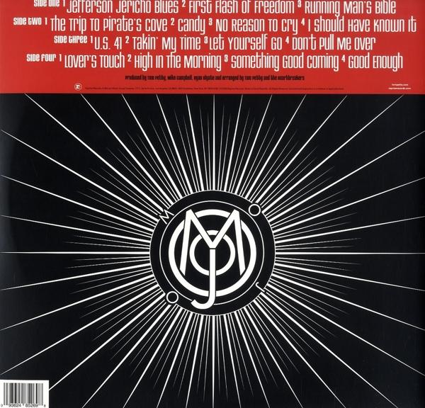 Rückseite eines Albums mit Trackliste. Schwarz-Weiß-Design mit Sonnenmuster und Text.