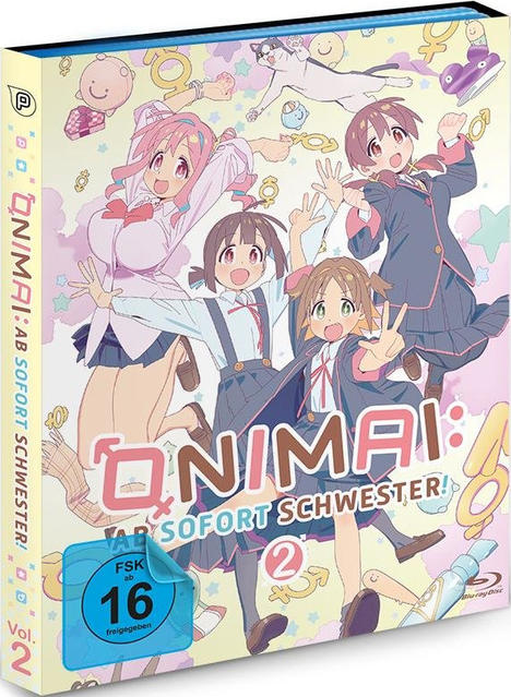 Anime-DVD-Cover mit Mädchen. Text: Onimai: Ich bin jetzt deine Schwester! Vol. 2. Charaktere lächeln.