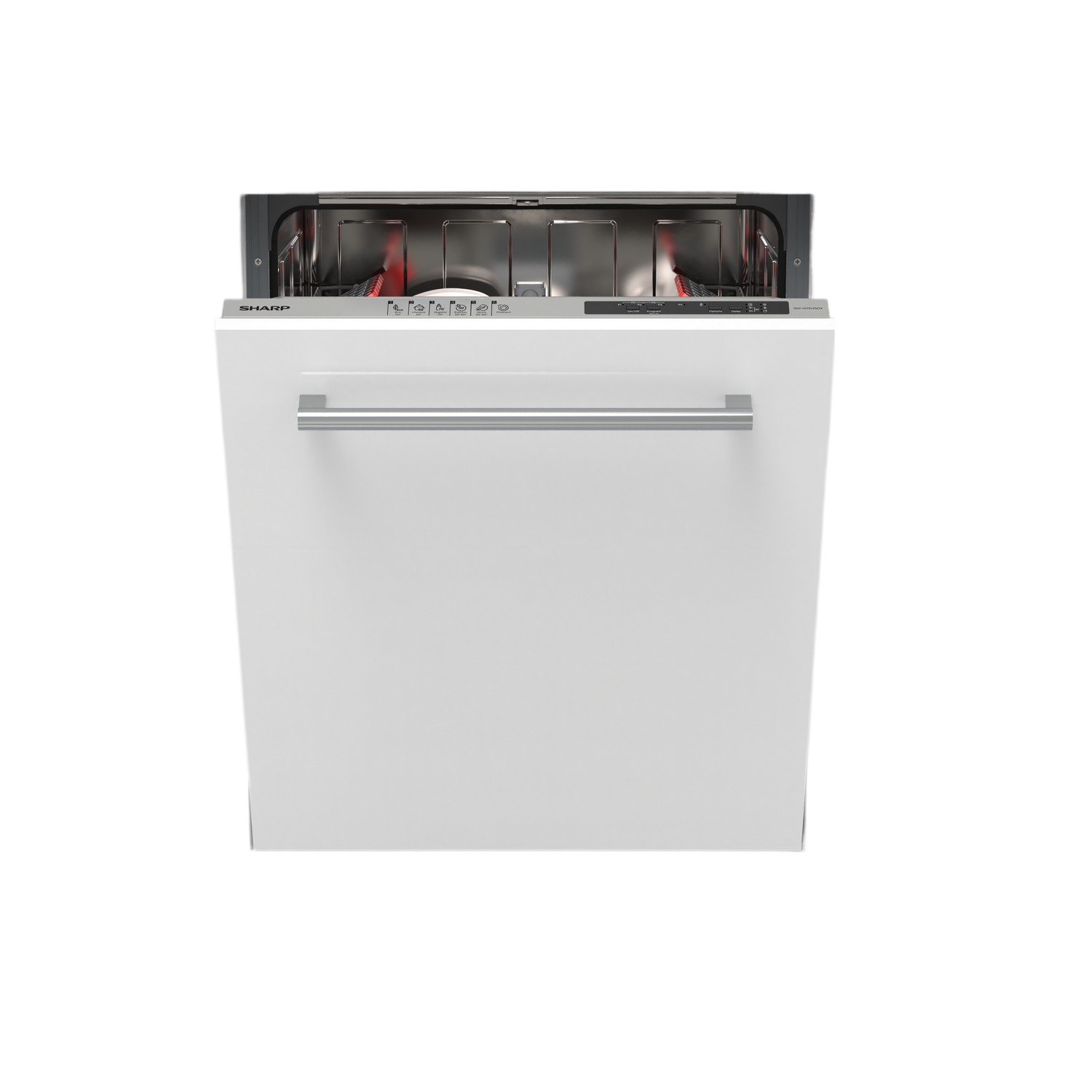 Een witte Sharp vaatwasser, open, met de binnenkant zichtbaar tegen een zwarte achtergrond.