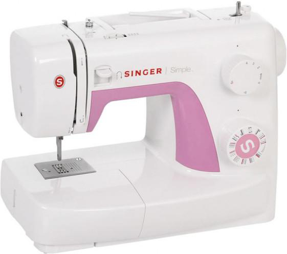 Eine weiße und pinkfarbene Singer-Nähmaschine mit Nadel und Faden.
