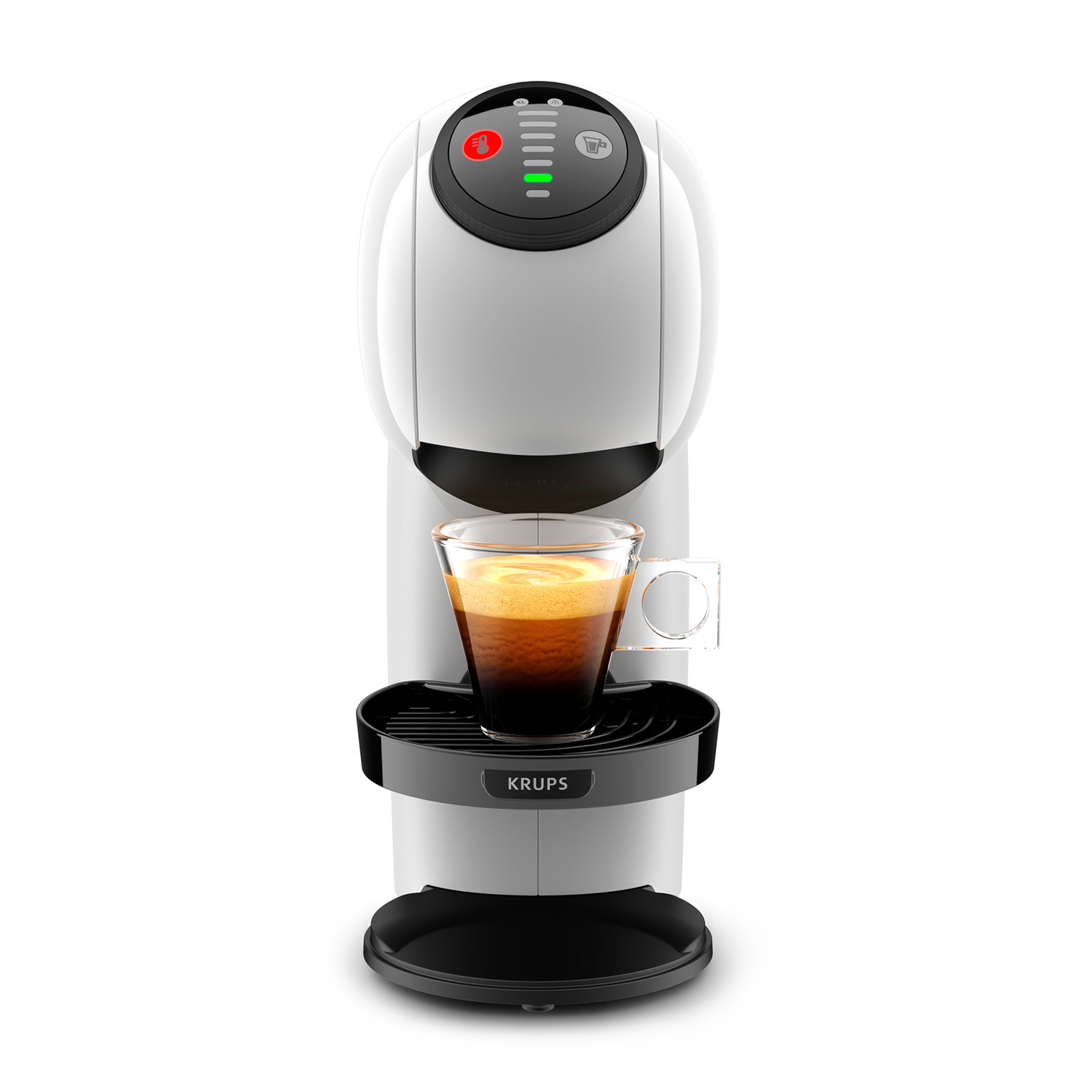 Macchina da caffè Krups bianca con un bicchiere di caffè e una base nera.