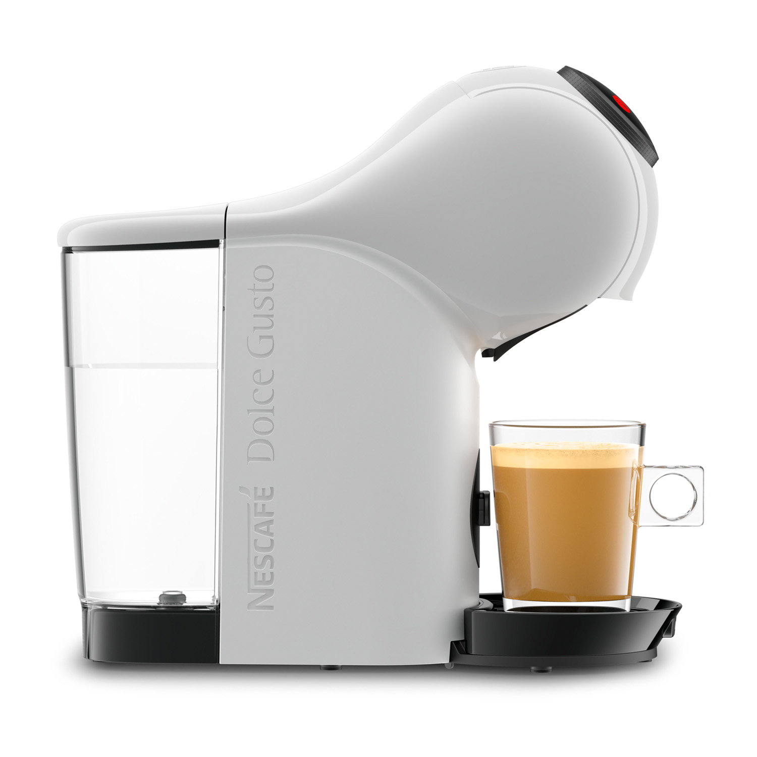Macchina da caffè Nescafé Dolce Gusto bianca con una tazza di caffè.