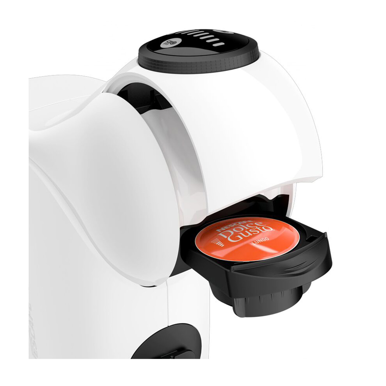 Una macchina da caffè Nescafe Dolce Gusto bianca e nera con una cialda di caffè inserita.