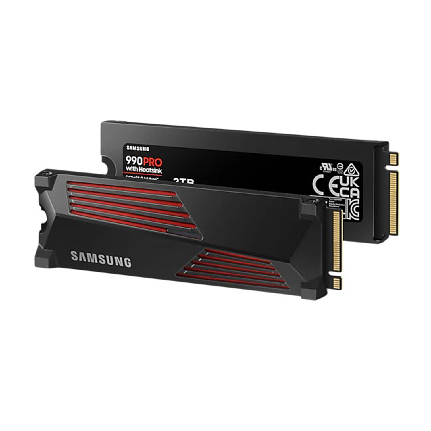 Due SSD neri con accenti rossi. Uno è in un pacchetto.