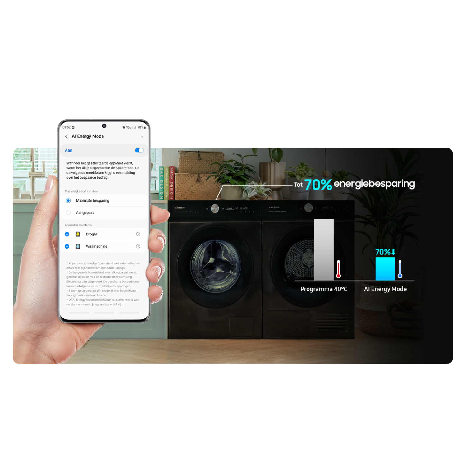 Smartphone met wasmachine-app. Toont AI Energiemodus, met energiebesparing tot 70%.