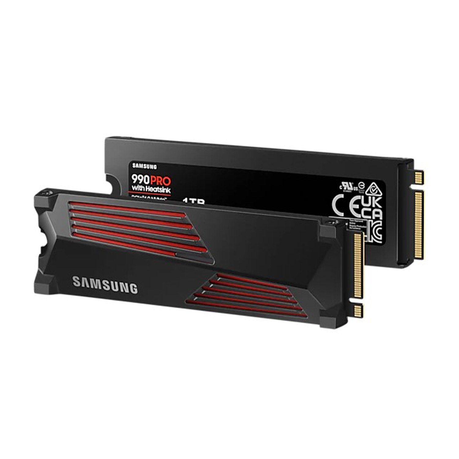 Samsung 990 PRO nero con SSD con dissipatore di calore, su sfondo bianco.
