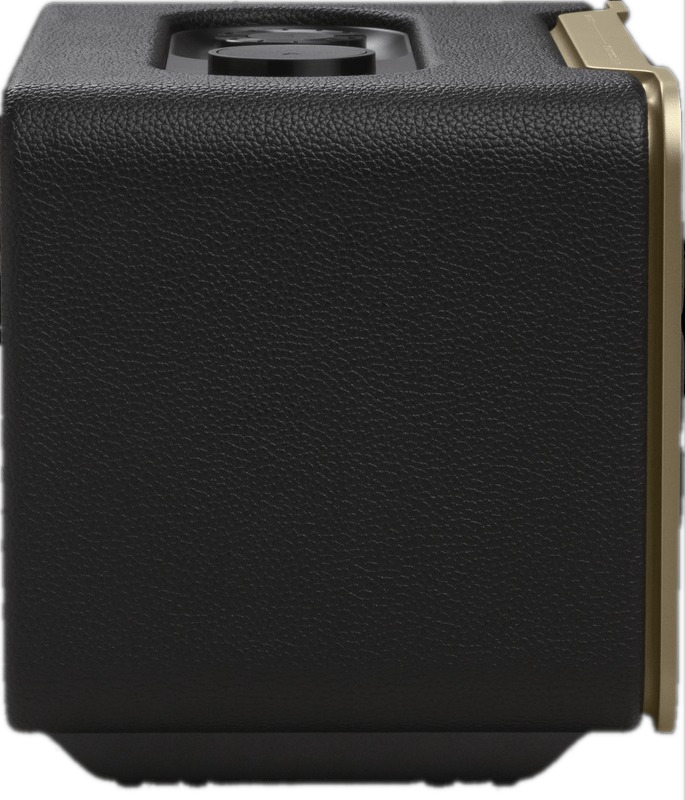 Amplificateur de guitare noir et or. Surface noire texturée, accents dorés.