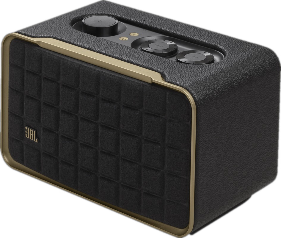 Un haut-parleur JBL noir et doré avec une face matelassée et des boutons de contrôle.