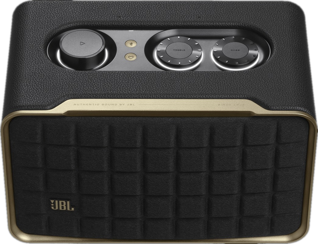 Enceinte noire et dorée avec commandes et logo JBL.