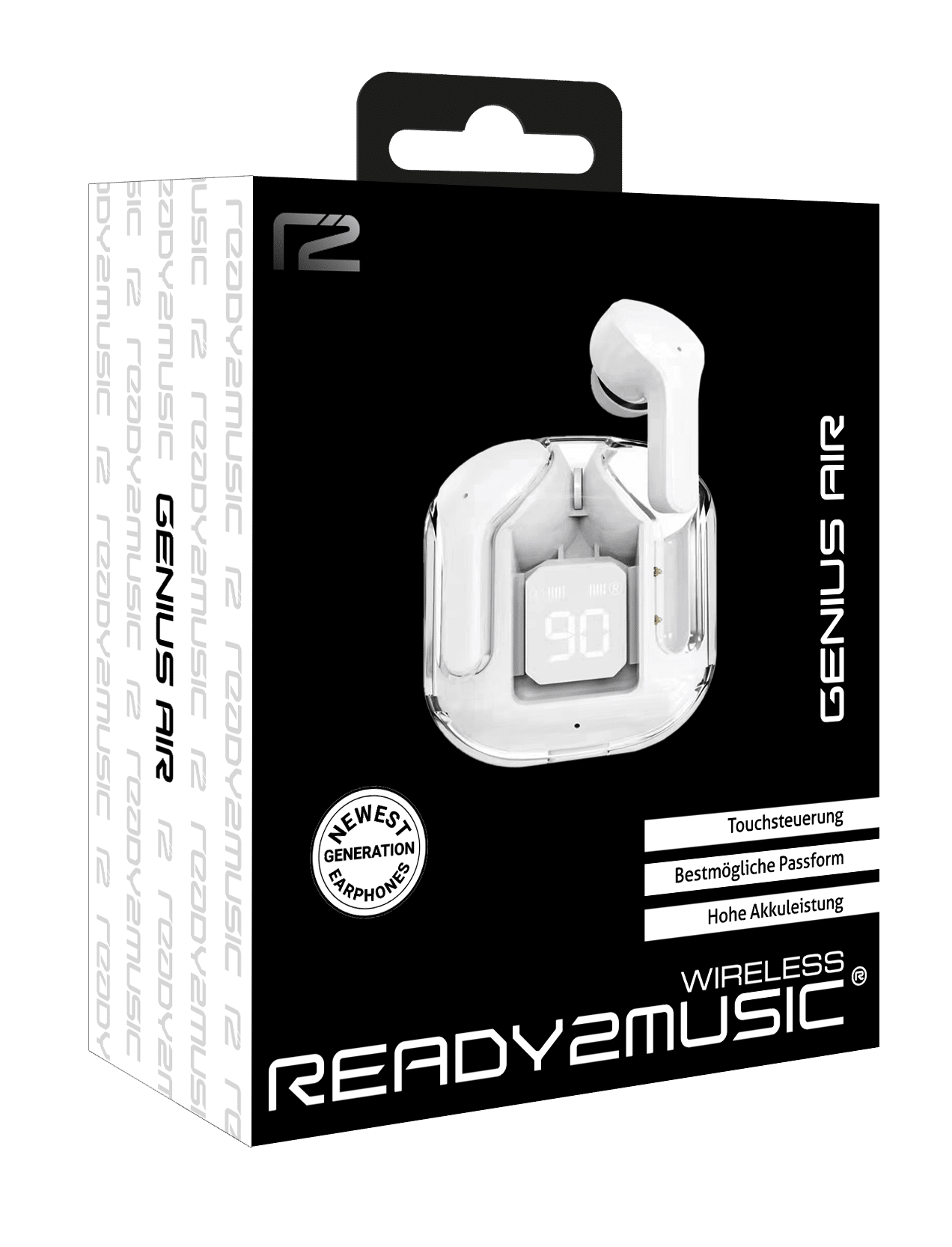 Weiße Ready2Music Genius Air Ohrhörer in einem Ladecase, auf einer schwarz-weißen Box.