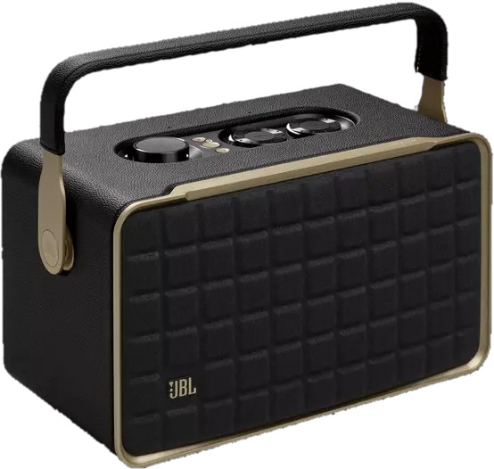 Enceinte portable noire et dorée avec une poignée.