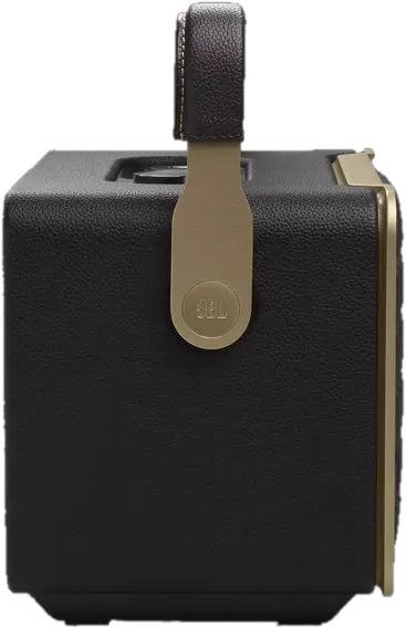 Haut-parleur JBL noir et or, vue latérale, avec poignée et détails du logo visibles.