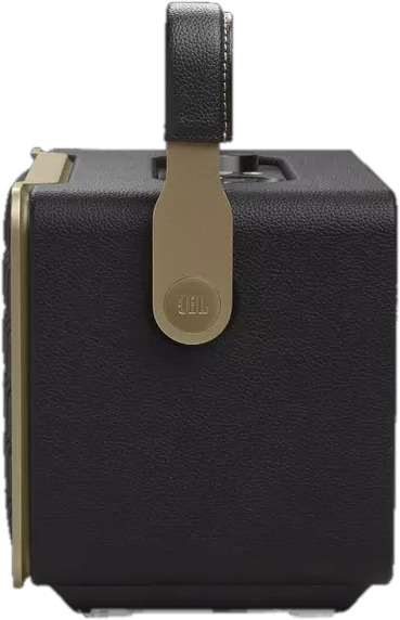 Haut-parleur JBL noir et doré avec une poignée.