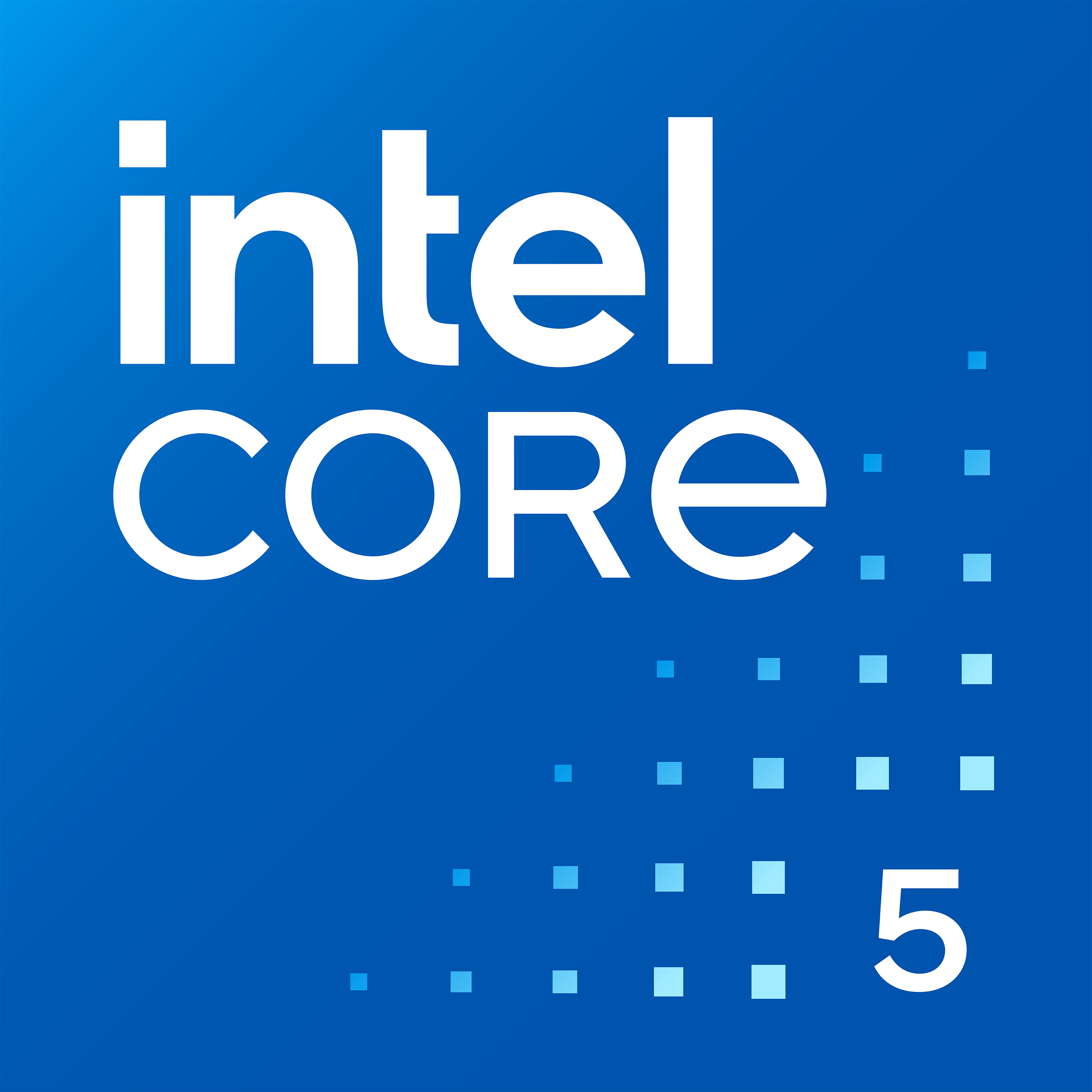 Intel Core 5 Logo auf blauem Hintergrund, weißer Text und die Zahl 5.