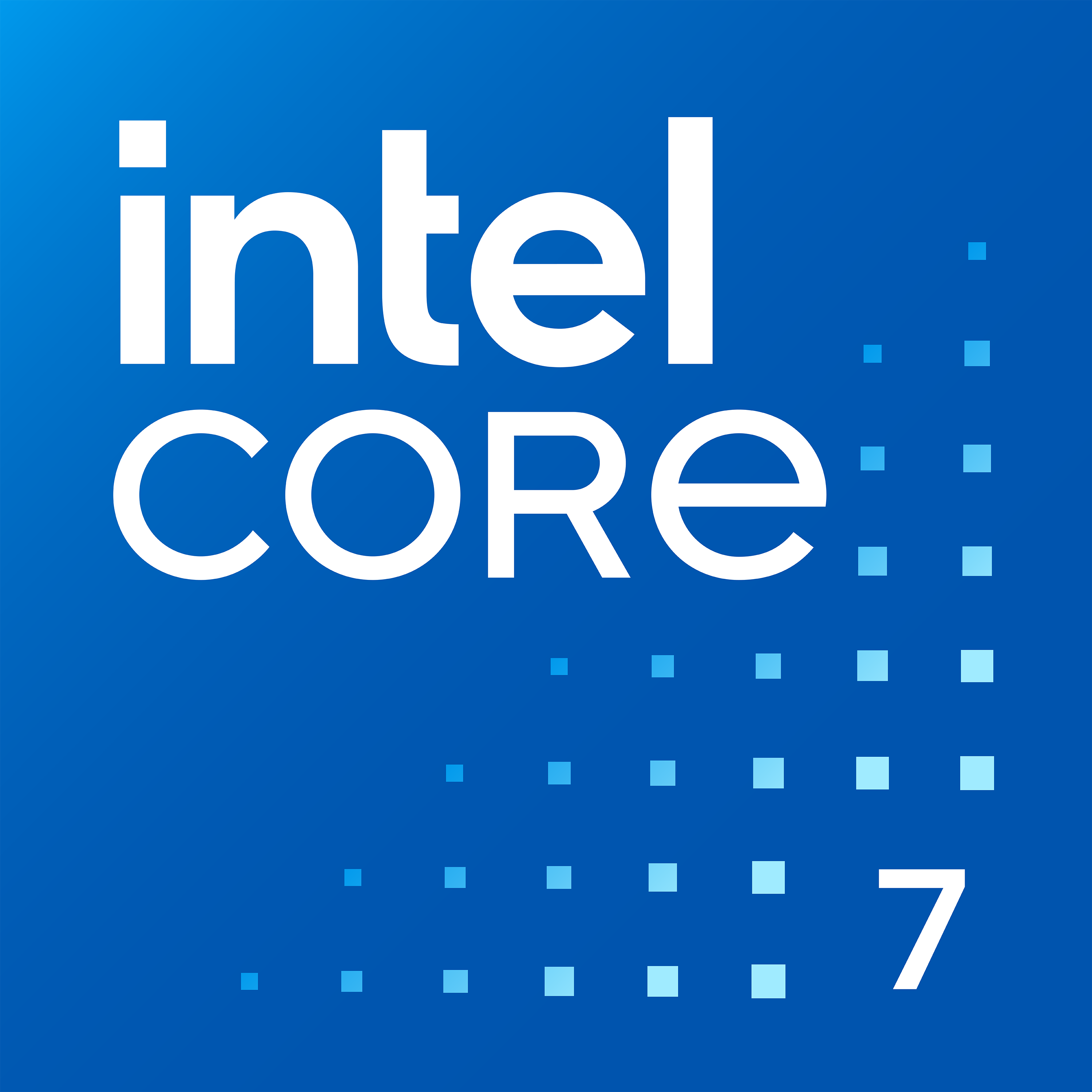 Logotipo de Intel Core 7 Ultra sobre un fondo azul con cuadrados azules.