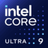 Fond bleu dégradé avec texte blanc Intel, CORE et ULTRA 9, avec carrés bleus.